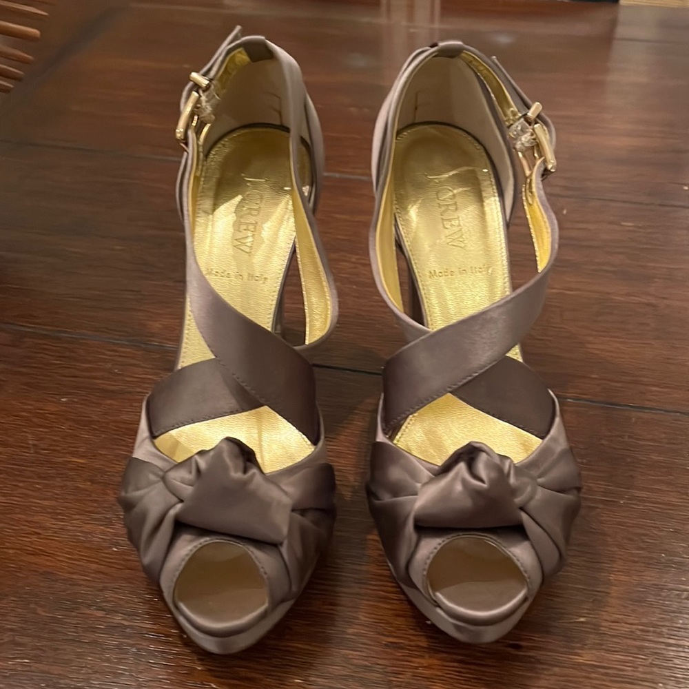 Taupe satin peep toe platform heels w gold buckels